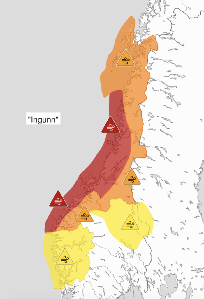 Mapa pokazuje obszar objęty ostrzeżeniem o zagrożeniu huraganem "Ingunn"