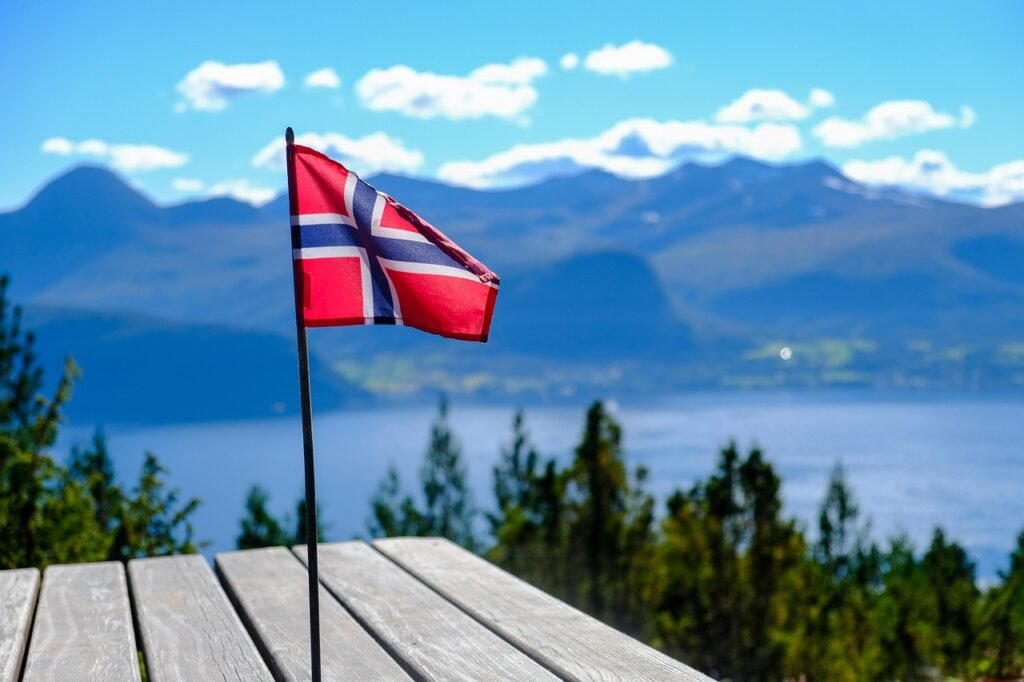 Why Norwegians Love Their Country Flaga Norwegii na tle fjordu