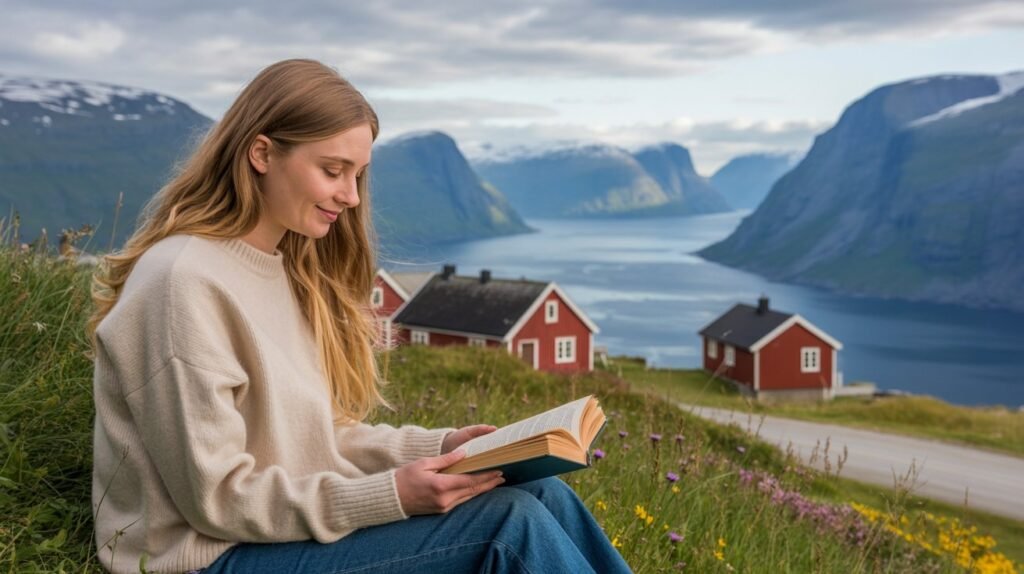 Norweska poezja – najwybitniejsi twórcy na przestrzeni wieków Kobieta czyta książkę w otoczeniu norweskiego krajobrazu