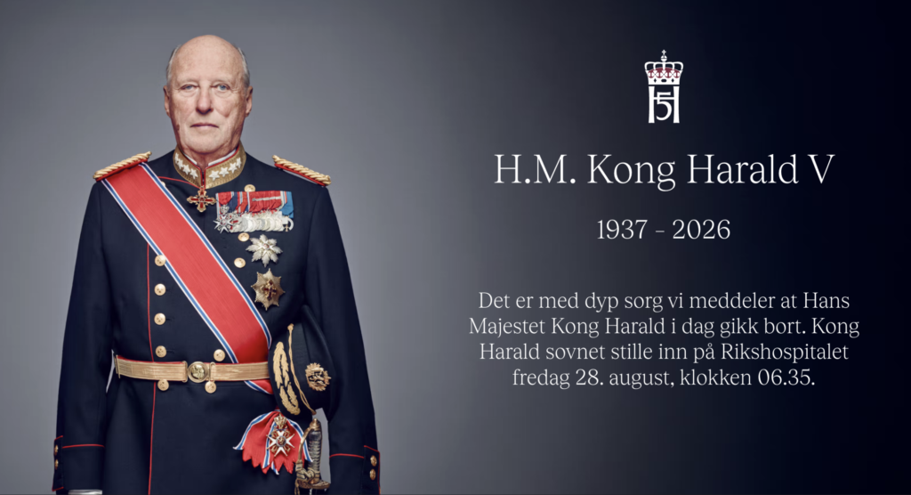 Król Norwegii Harald V nie żyje – poinformował Dwór Królewski. Haakon jest nowym królem Norwegii. Informacja z Pałacu Królewskiego 28.08.2026