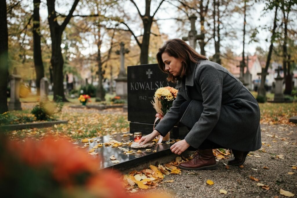 Kobieta sprząta grób. jesień, cmentarz